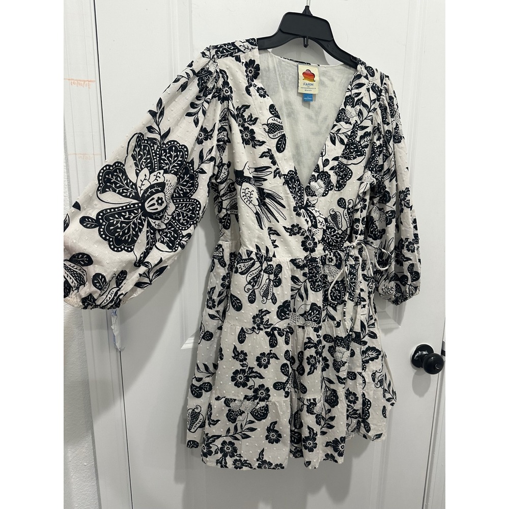 Farm Rio Anthropologie Black White Floral Bird Swiss Dot Wrap Mini Dress Small - Picture 3 of 7